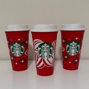 Three Starbucks Festive Red and White Holiday Cups